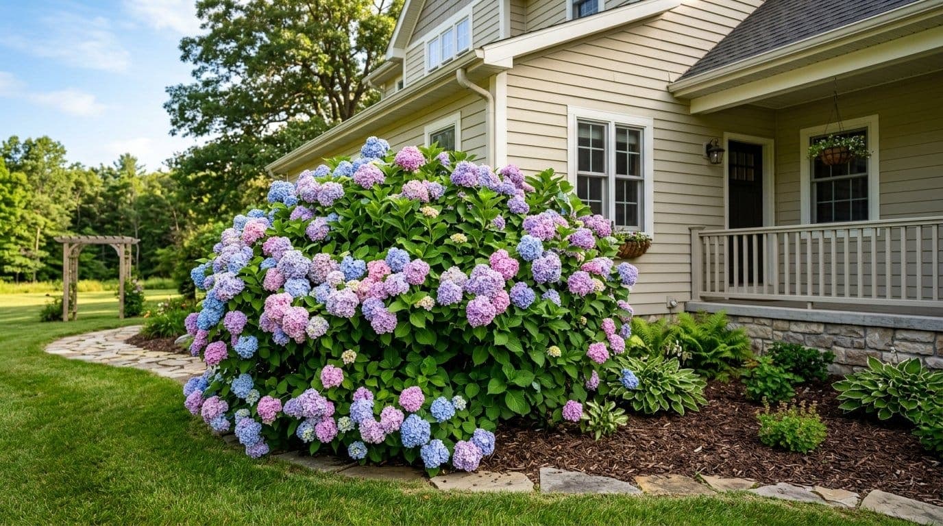 Healthy bigleaf hydrangea covered in large blue and pink mophead blooms beside a home in summer