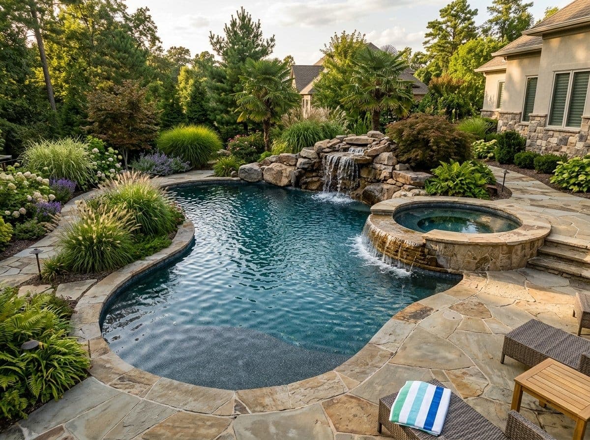 Custom freeform concrete gunite pool with natural rock features and a spillover spa in a landscaped yard