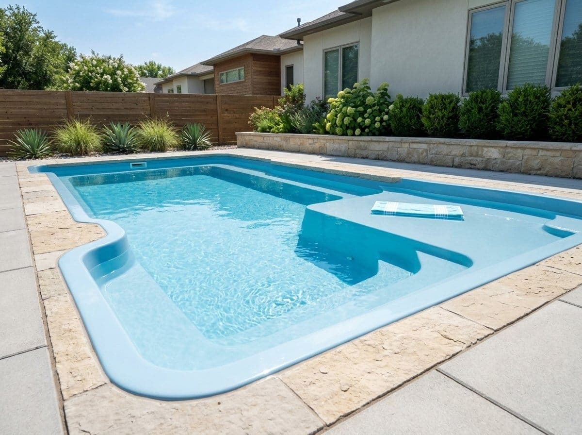 Fiberglass inground pool with a smooth blue gel-coat surface and built-in steps in a clean modern yard