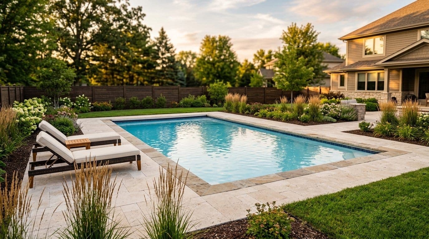 Fiberglass inground pool with stone coping and landscaped beds in a Midwestern yard at golden hour