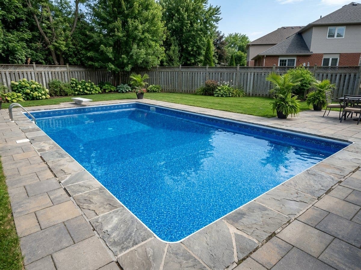 Rectangular vinyl liner inground pool with a patterned blue liner and paver deck in a residential yard