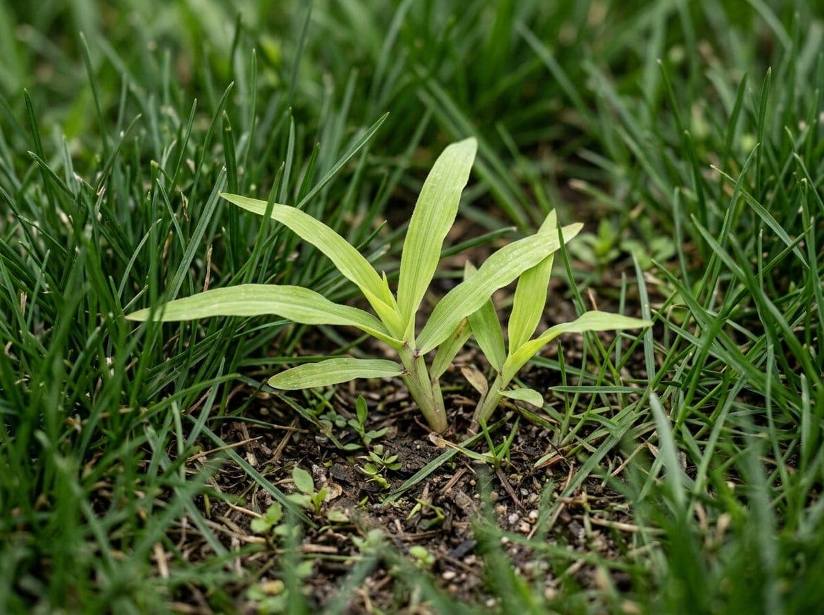 Young crabgrass seedlings emerging in a residential lawn showing the light green color and flat growth pattern that distinguishes them from desirable turf grass