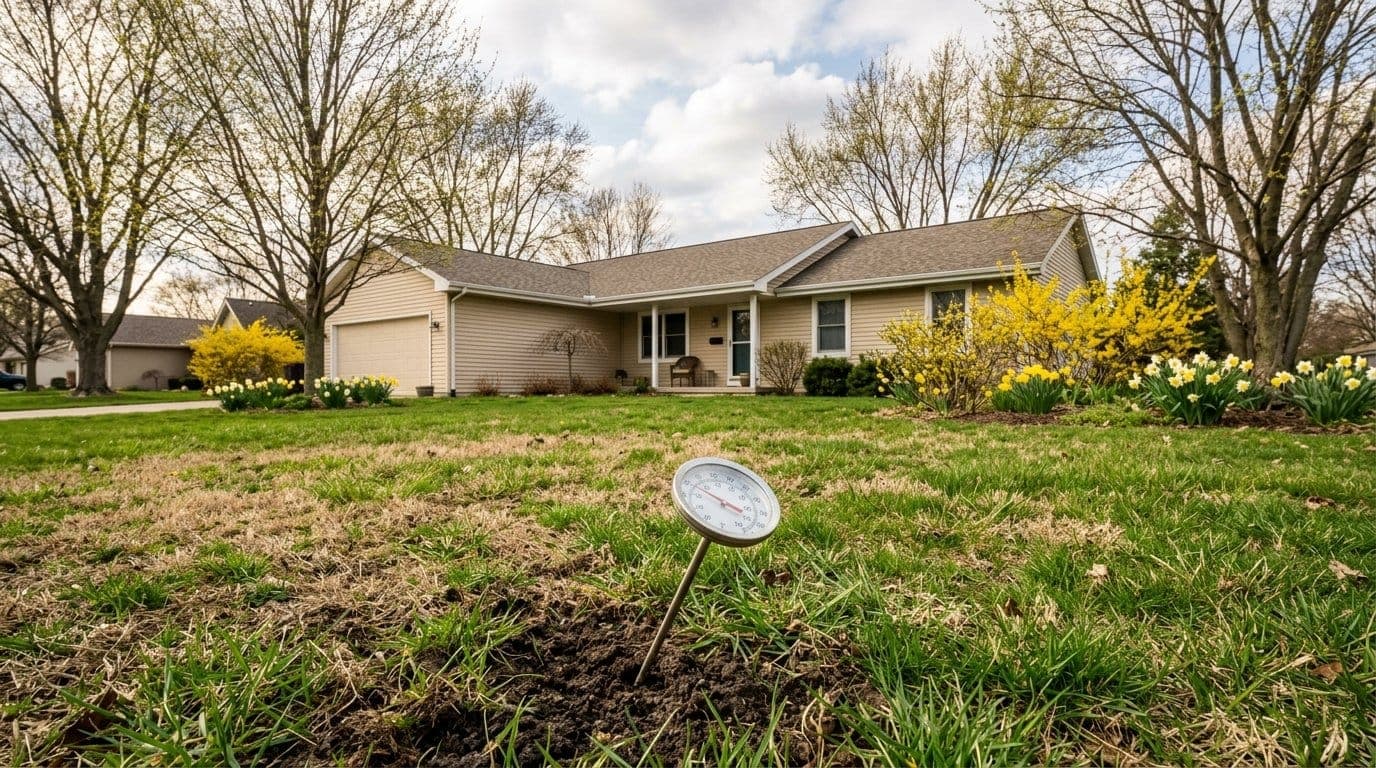 Close-up of healthy green lawn in early spring with a soil thermometer inserted at ground level