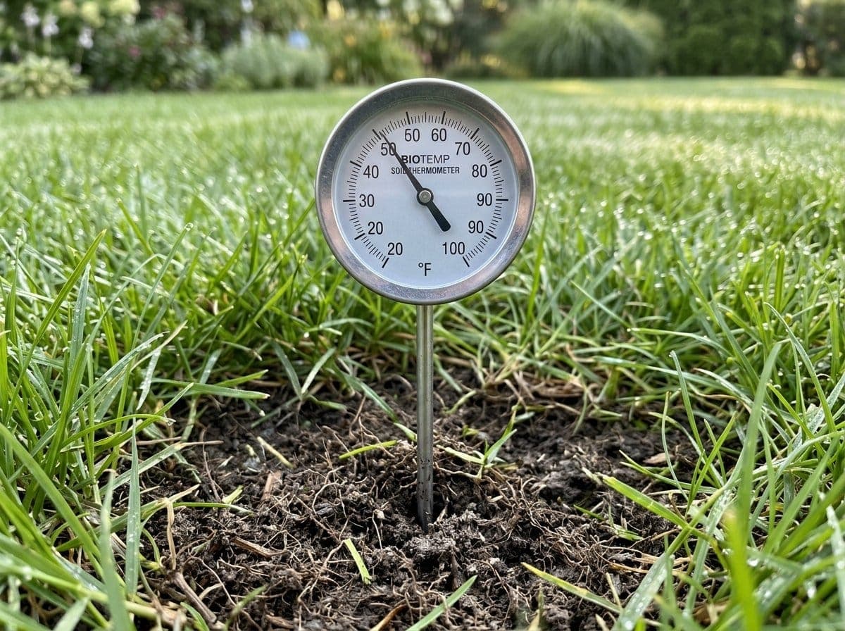 Soil thermometer inserted 2 inches deep in a sunny lawn area showing temperature reading in early spring