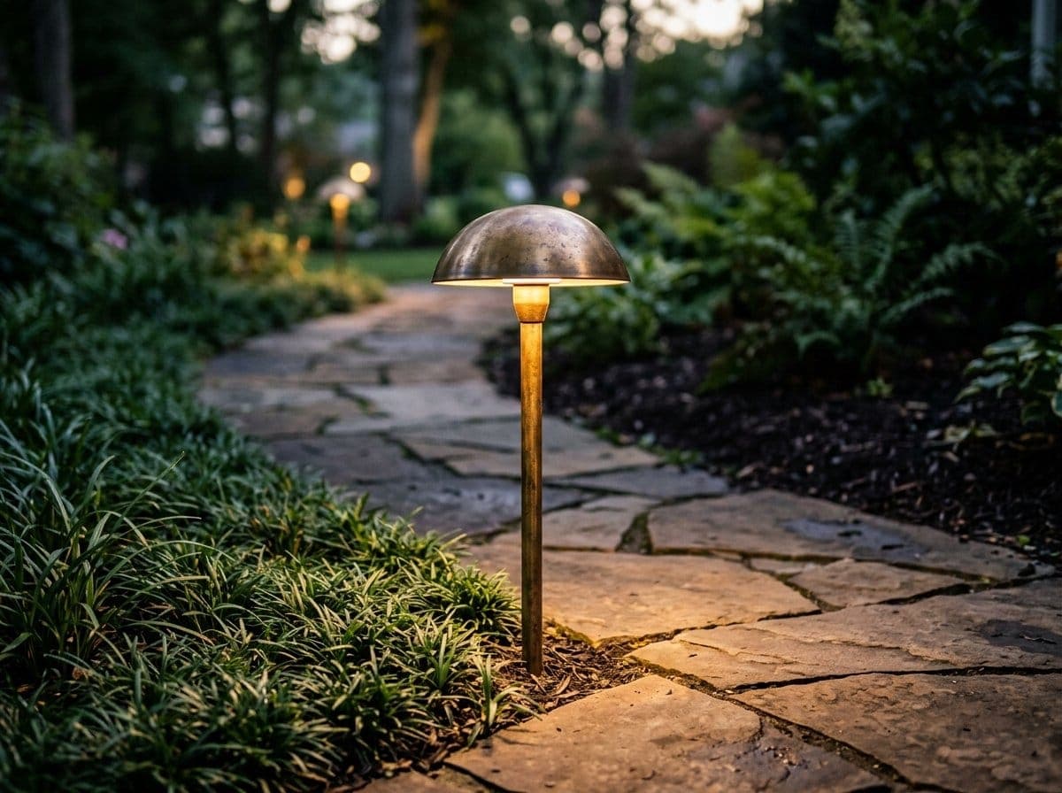 Close-up of a warm brass landscape path light installed along a natural stone walkway with low plantings