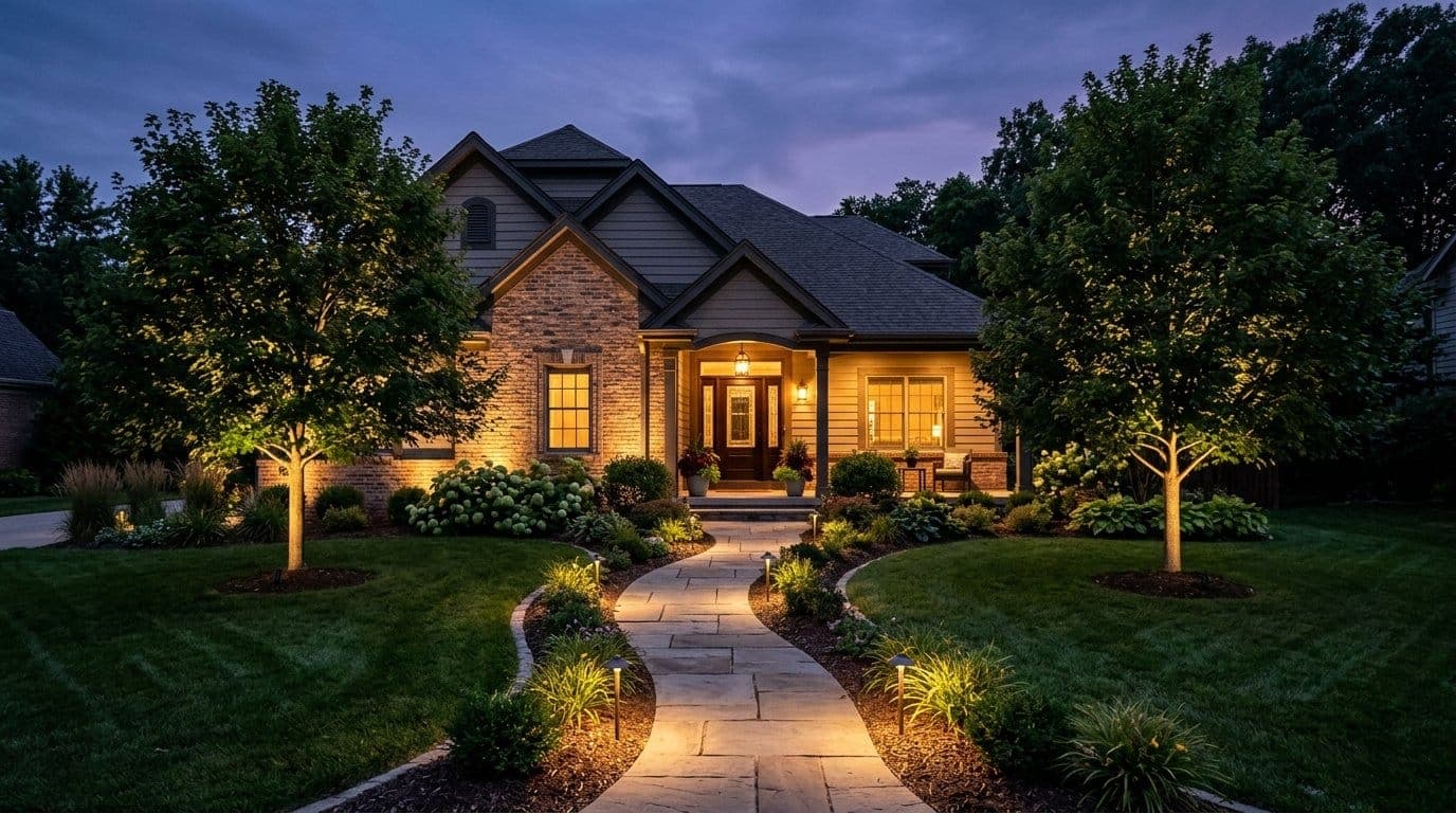Professionally lit home exterior at night with warm uplighting on stone facade and softly illuminated walkway in a Southern Indiana neighborhood