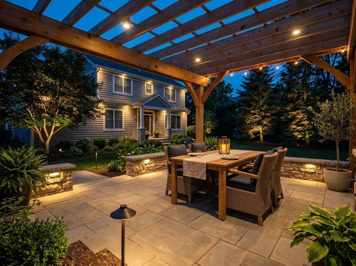 Outdoor patio with warm downlighting from a pergola and soft path lights leading to a seating area at dusk