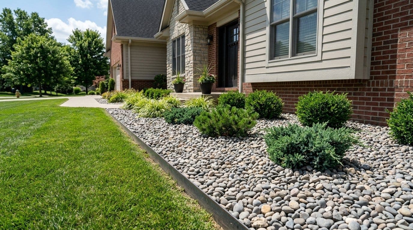 Landscaped bed edged with steel border and filled with gray river rock around low shrubs in a Tri-State yard on a bright summer day