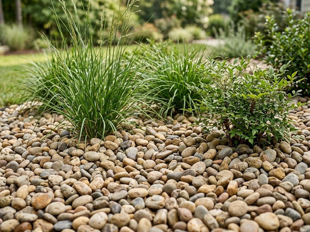 Close-up of tan and gray river rock spread evenly around the base of ornamental grasses in a landscaped bed