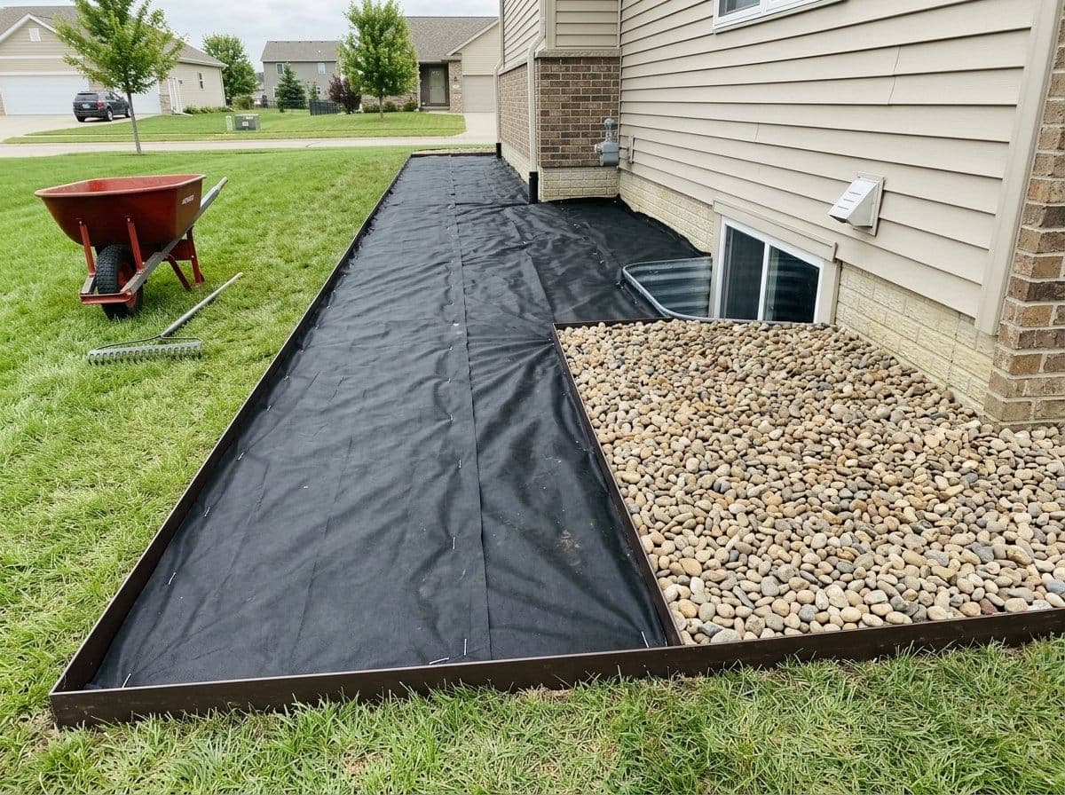 Landscape rock bed under installation showing steel edging along the lawn, woven landscape fabric stapled over graded soil with overlapping seams, and river rock spread to full depth over part of the bed