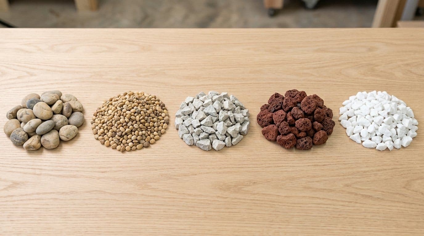 Five landscape rock samples side by side on a wood surface: rounded tan and gray river rock, small beige pea gravel, angular gray crushed limestone, porous red lava rock, and white marble chip