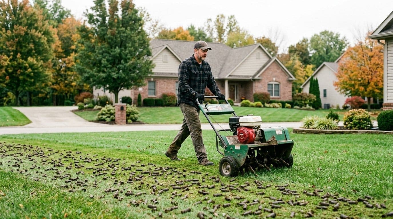 Homeowner running a core aerator across a thinning green lawn on a cool fall morning in Southern Indiana with soil plugs scattered across the grass