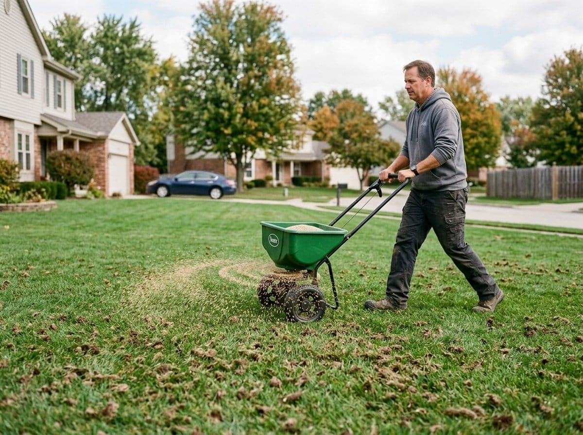 Homeowner pushing a broadcast spreader across a freshly aerated lawn to overseed with cool-season grass seed on an early fall day