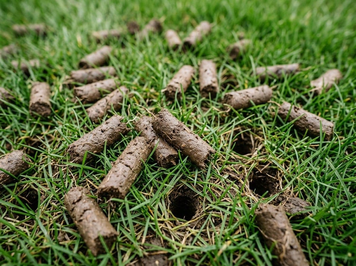 Close-up of finger-sized soil plugs pulled from a lawn by a core aerator lying on top of the grass, showing the holes left behind in the turf