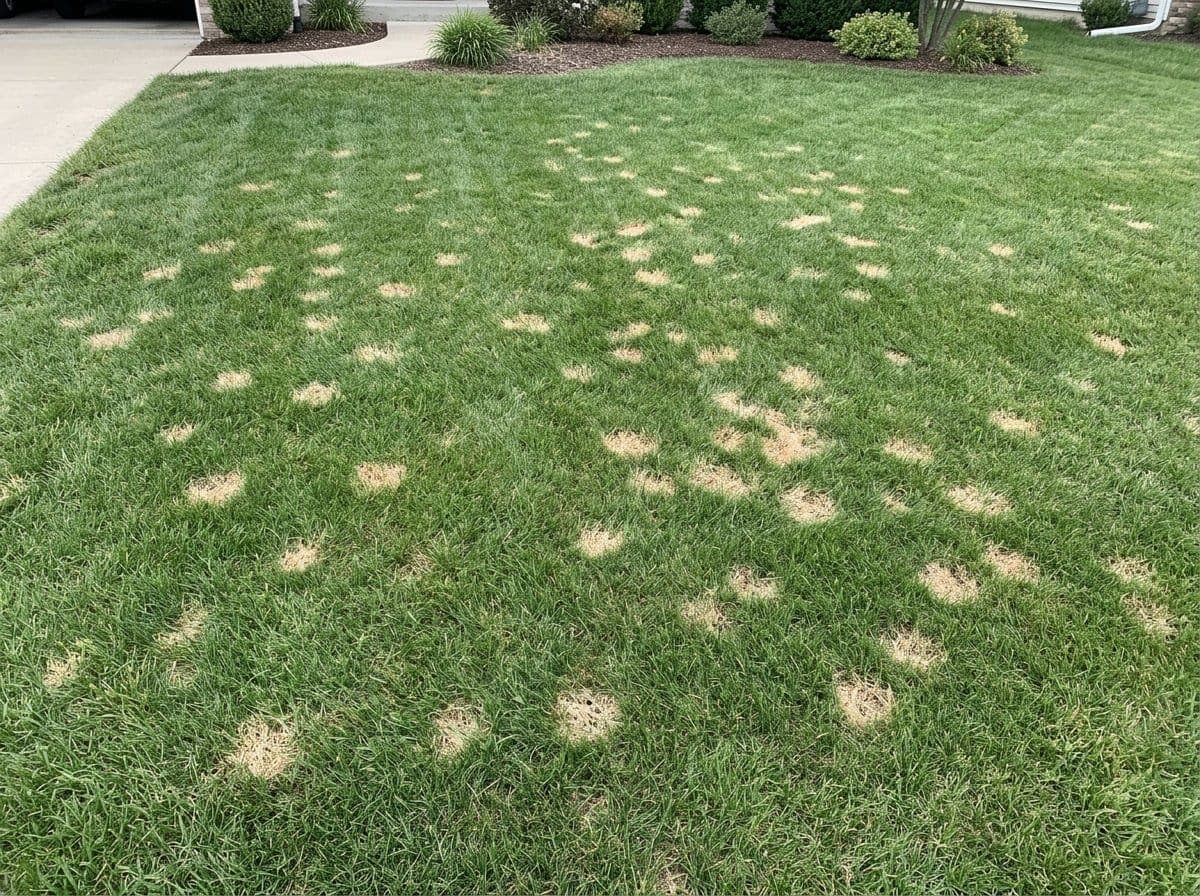 Dollar spot fungus on a residential lawn showing small silver dollar sized bleached patches scattered across the turf with surrounding healthy green grass