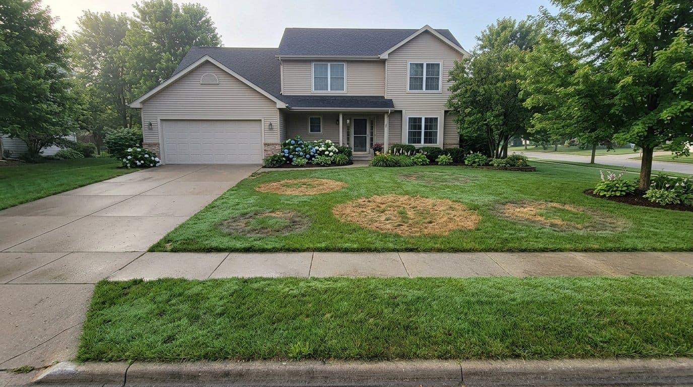 Residential lawn in early summer showing circular brown patch fungus damage on tall fescue turf with healthy green grass around the affected area