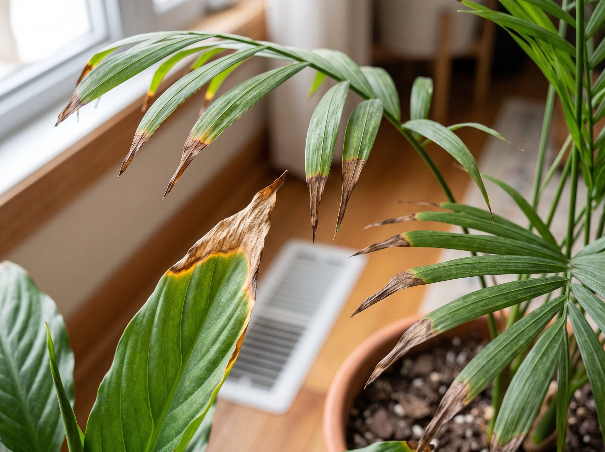 Close-up of parlor palm fronds and a peace lily leaf with crisp brown tips and a yellow transition band, with a floor heating register visible behind them