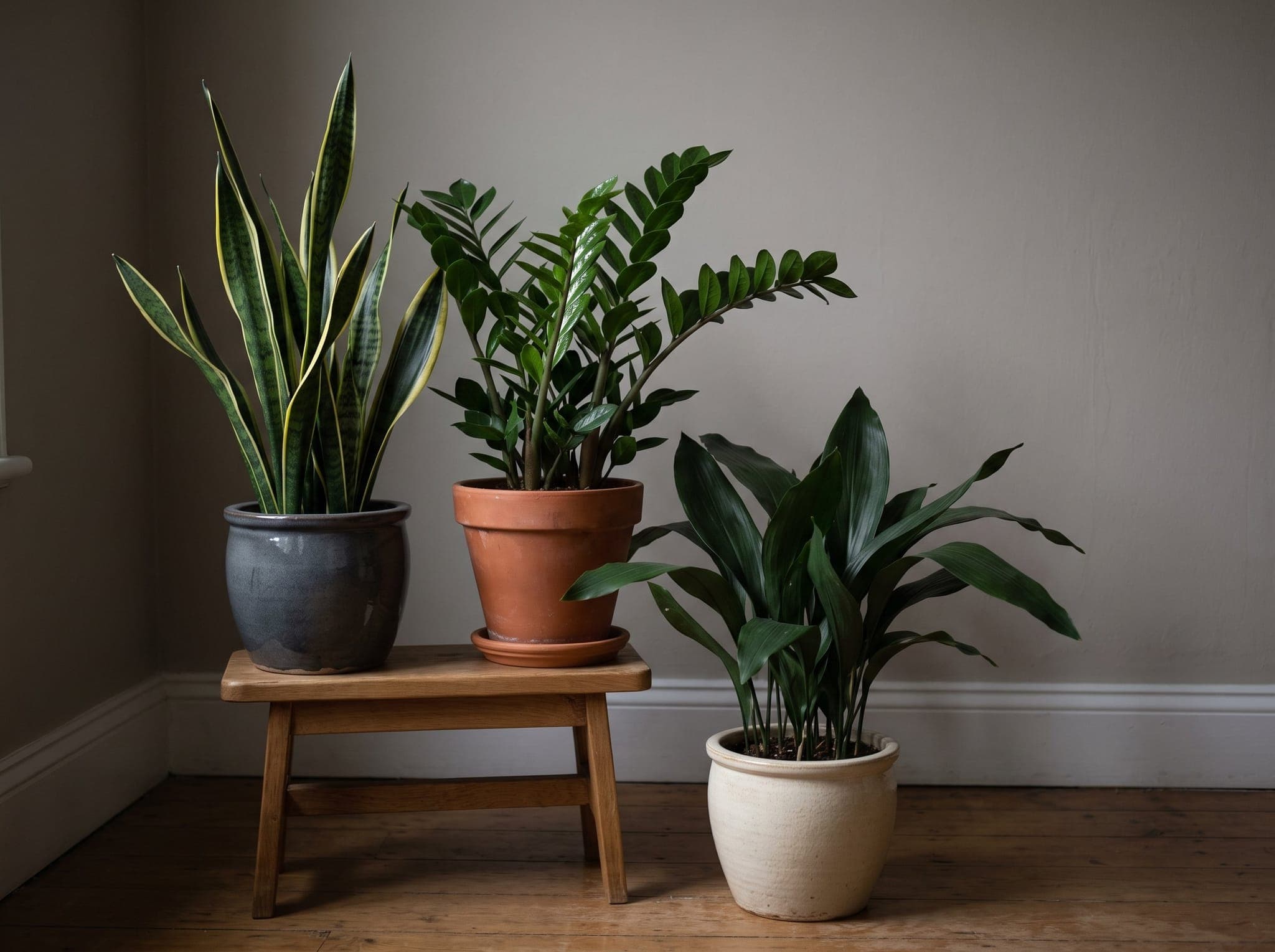 Snake plant, ZZ plant, and cast iron plant in terracotta and glazed pots arranged in a dim interior corner several feet from a window, showing healthy upright foliage in low light conditions