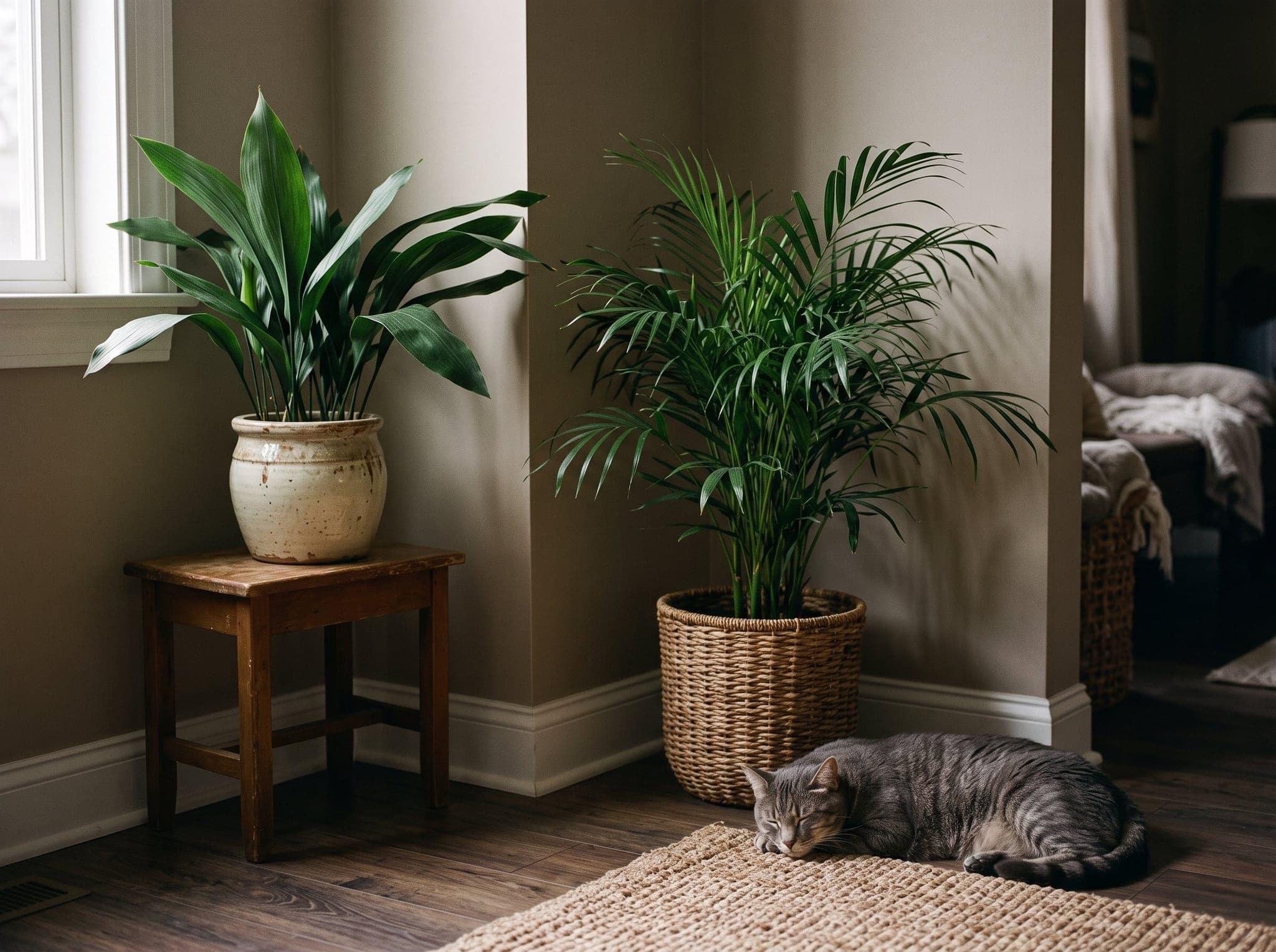 Cast iron plant in a cream pot on a wooden stool beside a parlor palm in a woven basket, with a grey tabby cat asleep on a rug nearby in a dim room corner