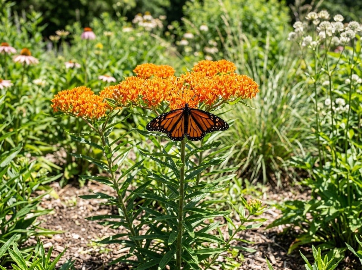 Bright orange butterfly weed flowers in full bloom with a monarch butterfly feeding in a sunny native garden bed