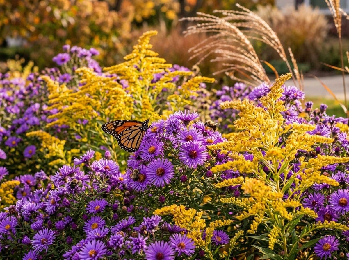 Purple New England asters and golden goldenrod blooming together in a fall garden with bees and a late monarch butterfly feeding