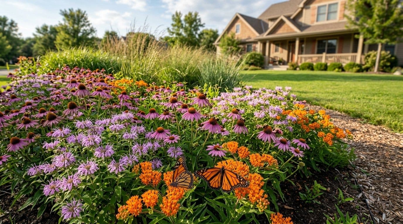 Sunny native pollinator garden full of purple coneflowers bee balm and orange butterfly weed with a monarch butterfly and bees feeding