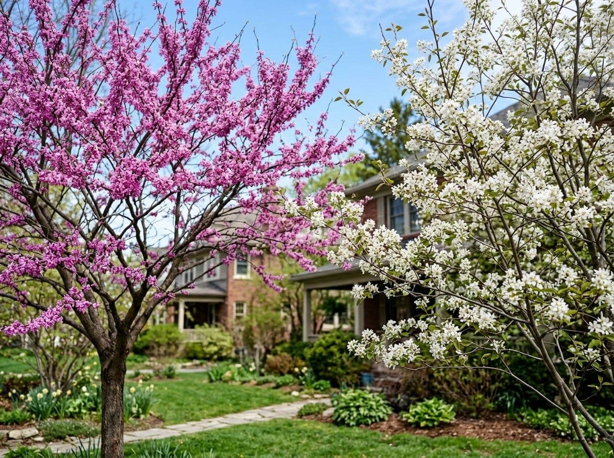 Eastern redbud tree covered in pink spring flowers next to a white-flowering serviceberry in a residential yard with bees visiting the blooms