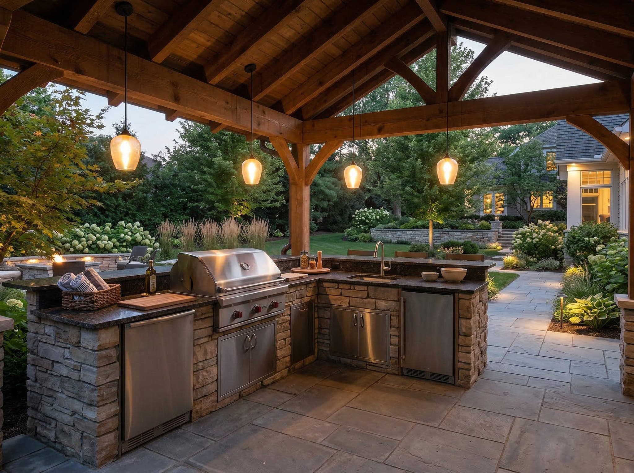 Covered outdoor kitchen with stone island, built-in grill, and pendant lighting at dusk in a Southern Indiana property