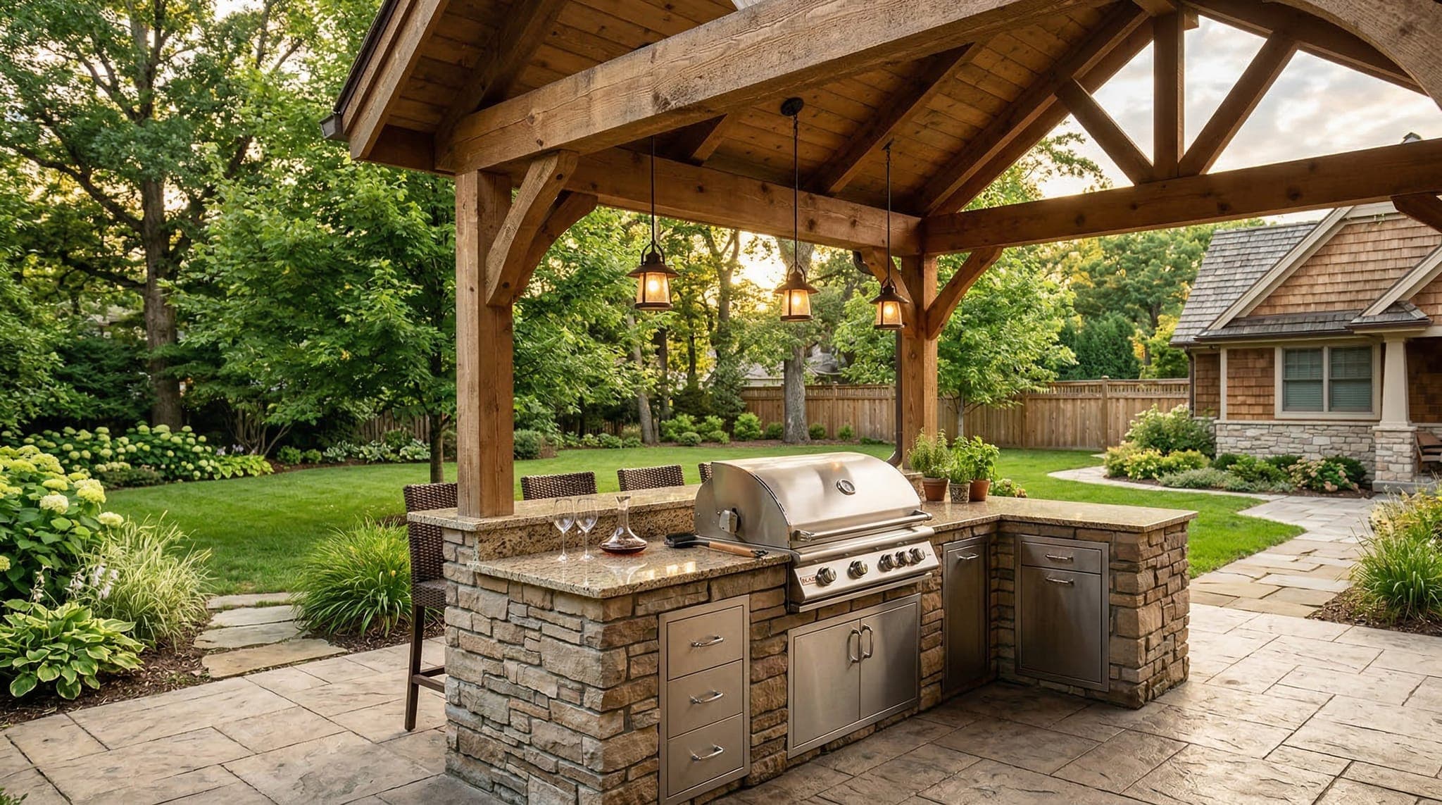 Custom outdoor kitchen with stone countertops and built-in grill under a covered pavilion in a Southern Indiana property