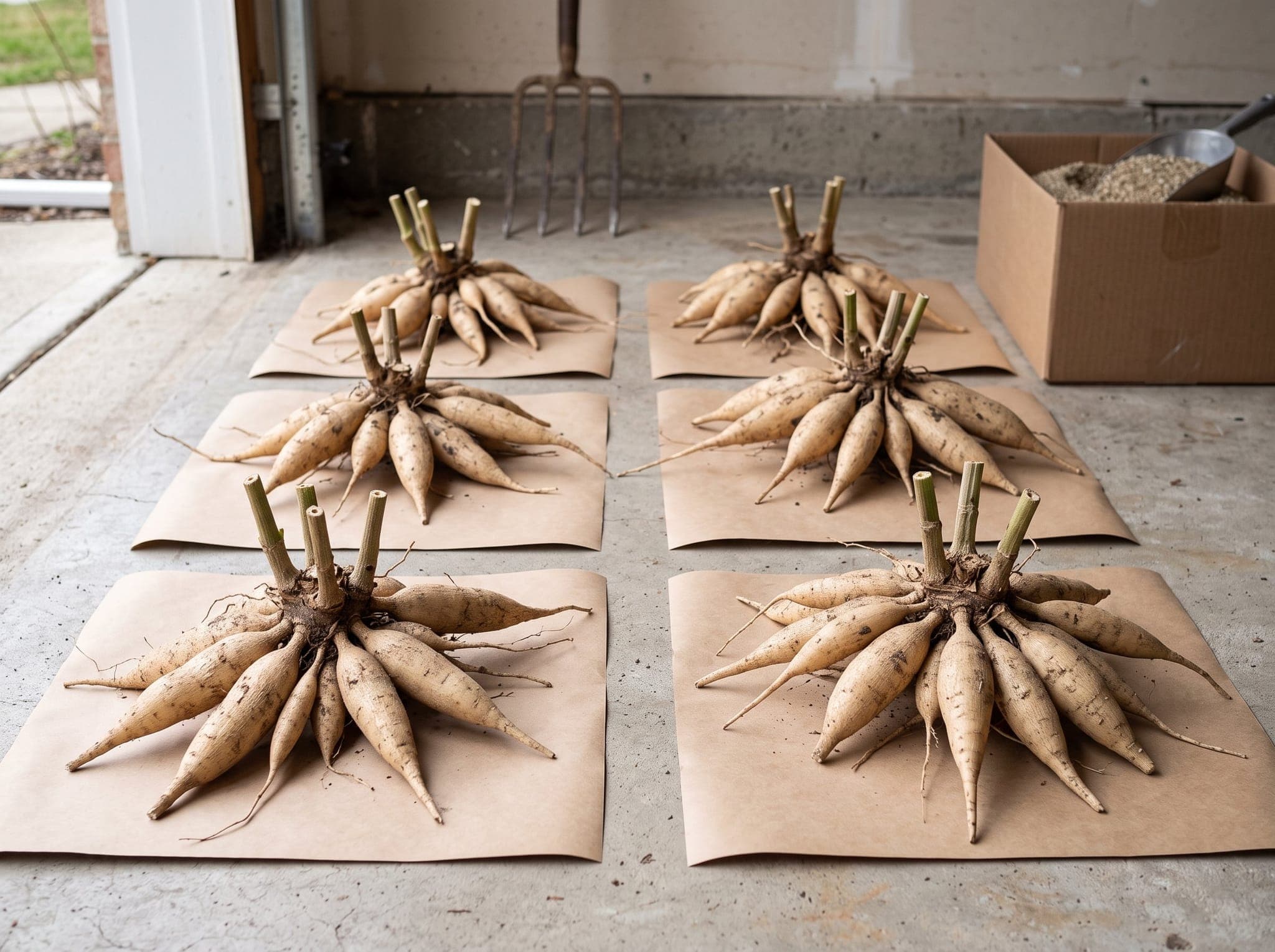 Six dug dahlia tuber clumps curing on kraft paper on a garage floor, each with tubers tapering outward from a central woody crown