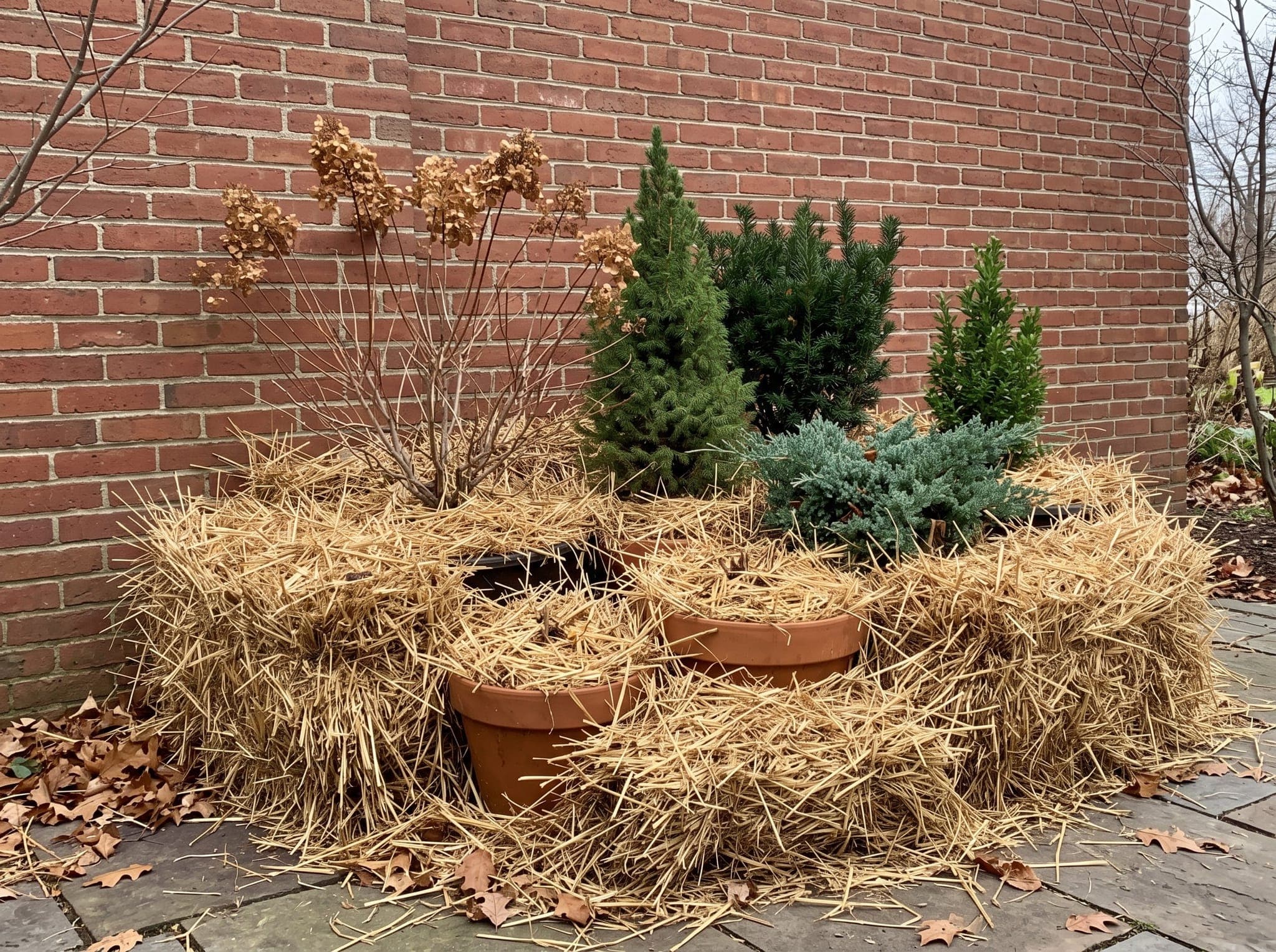 Hardy shrubs in containers grouped against a brick wall with straw packed into the gaps between the pots and banked up over their sides