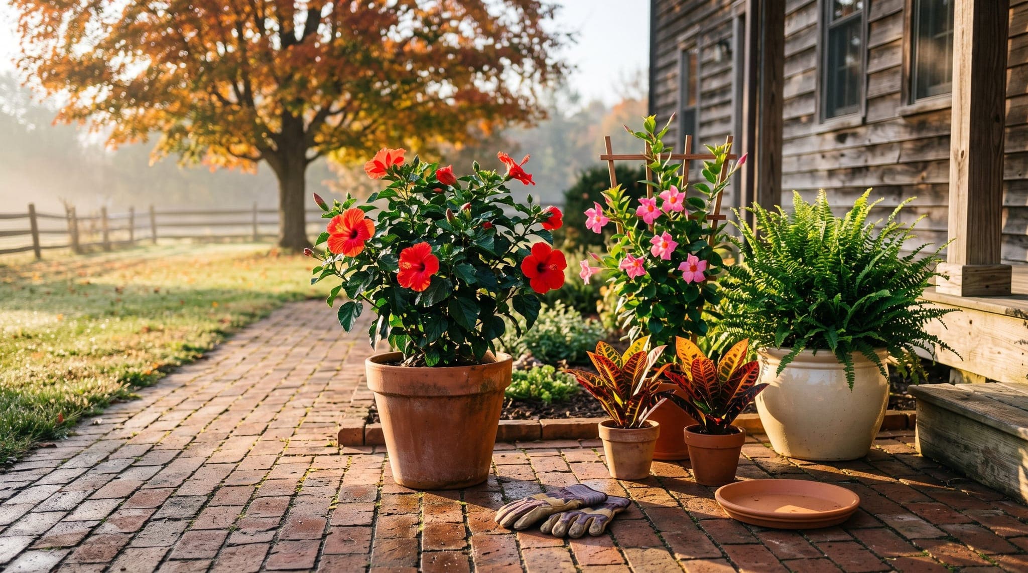 Potted hibiscus, mandevilla, and ferns grouped on a brick patio in early morning October light, waiting to be carried indoors