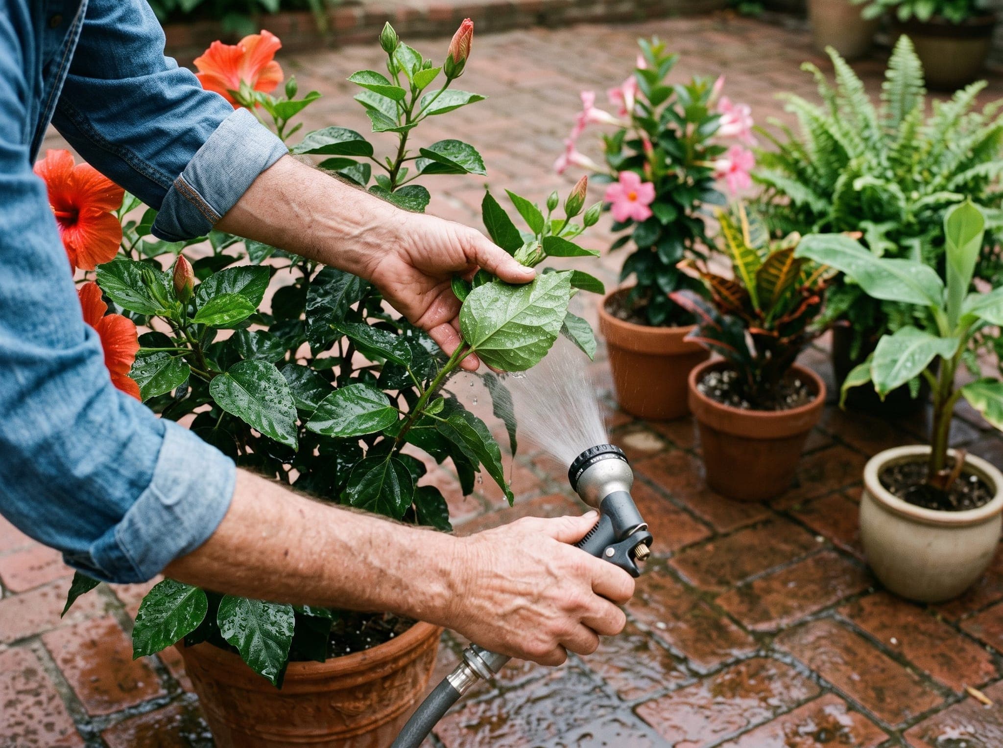 Gardener rinsing the undersides of hibiscus leaves with a hose spray on a patio, with other potted tropicals lined up waiting