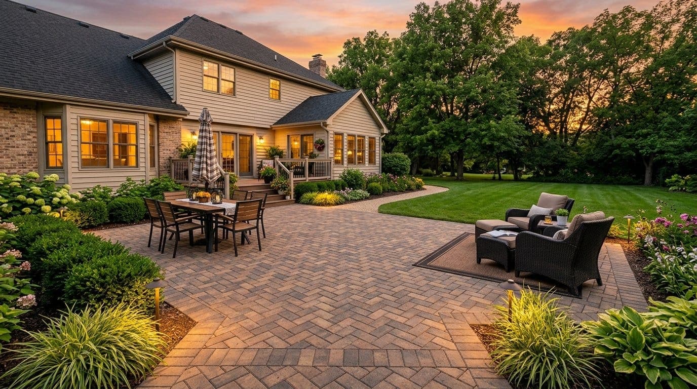 Large paver patio with furniture and outdoor dining area in a landscaped residential yard