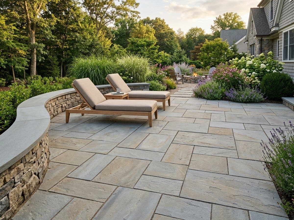 Natural bluestone paver patio with built-in seat wall and modern lounge chairs in a landscaped residential yard