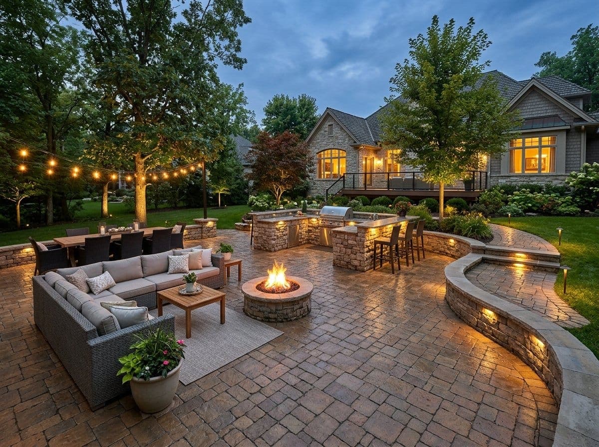 Complete outdoor living space with large paver patio featuring dining area, fire pit, lounge seating, and outdoor kitchen at dusk