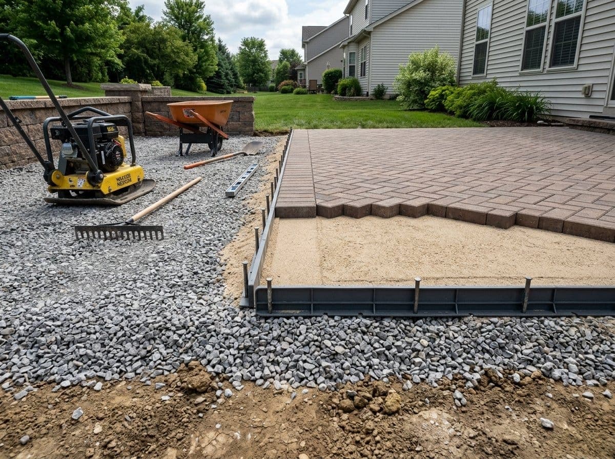Paver patio under construction showing compacted gravel base layers and partially laid concrete pavers with plate compactor nearby