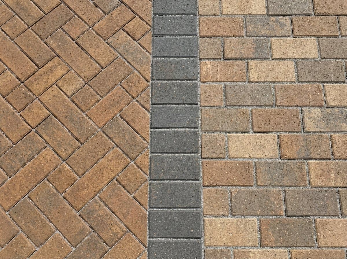 Overhead view of two paver patterns side by side showing herringbone and running bond layouts with warm brown concrete interlocking pavers