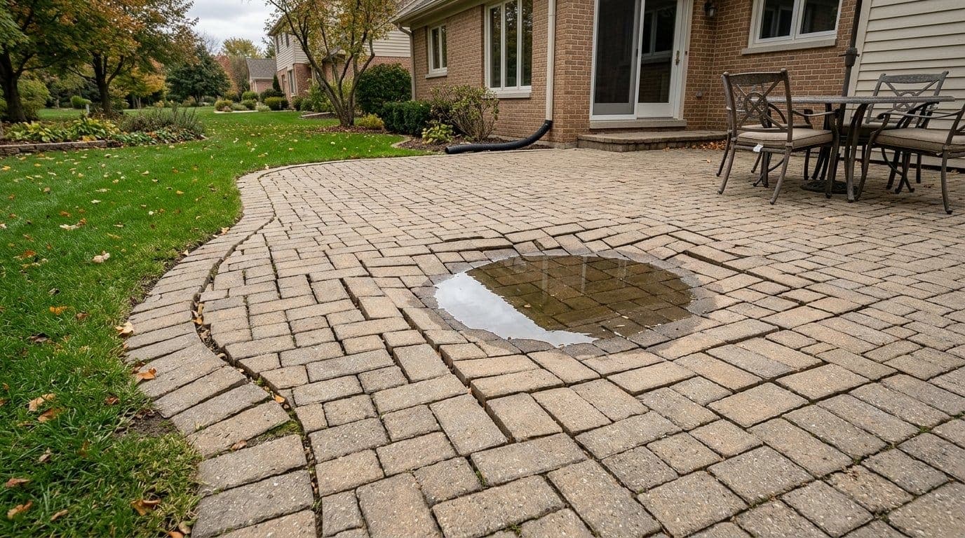 Settled paver patio holding a puddle of rainwater in a sunken low section, with widened joints and an edge that has bowed outward toward the lawn