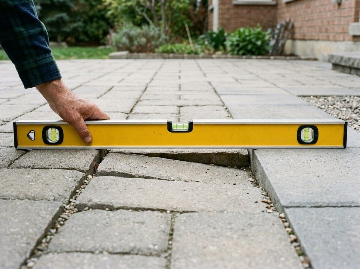 Homeowner laying a four foot level across a paver patio surface to check for a settled low spot, with a visible gap under the level