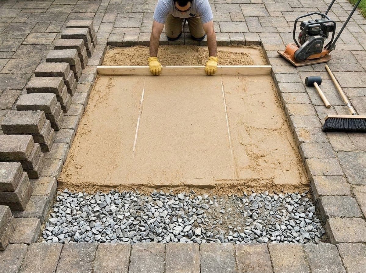Hardscape worker screeding bedding sand over a compacted aggregate base in a section opened up in the middle of an existing paver patio, with the lifted pavers stacked alongside