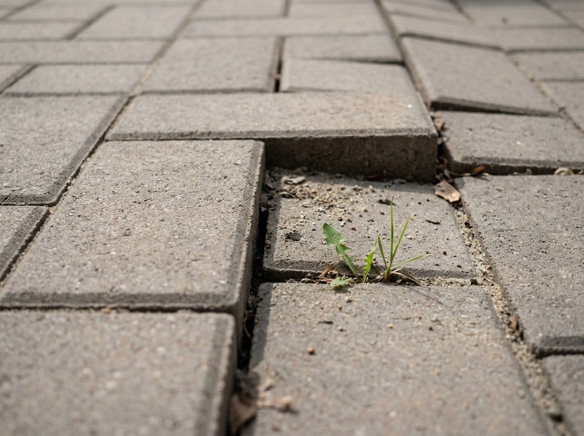 Close view of a settled area in a paver patio showing pavers dropped below the surrounding surface, widened joints with sand washed out, and a raised tripping edge