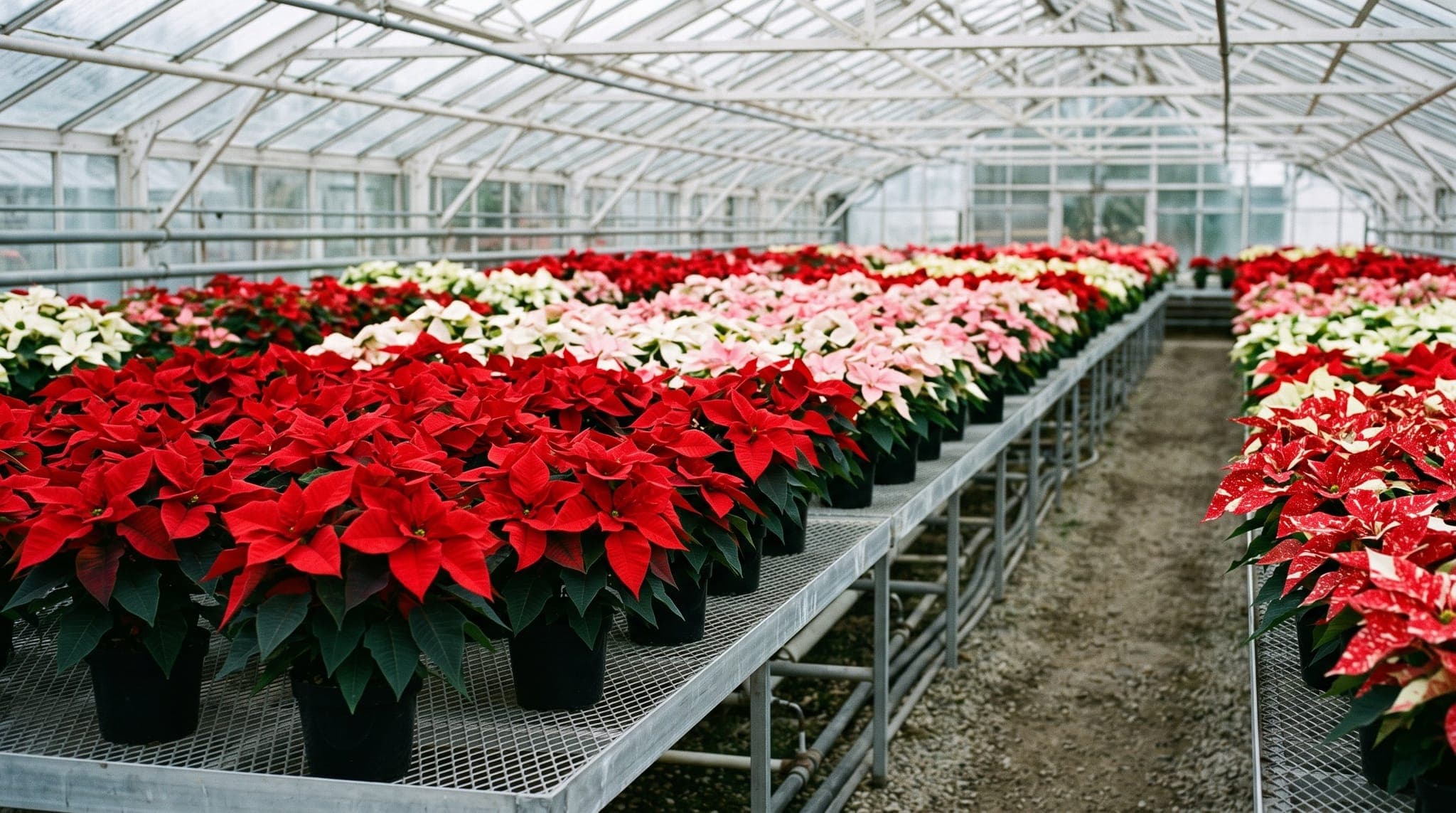 Rows of red, white, and pink poinsettias in full color on a garden center bench under greenhouse light