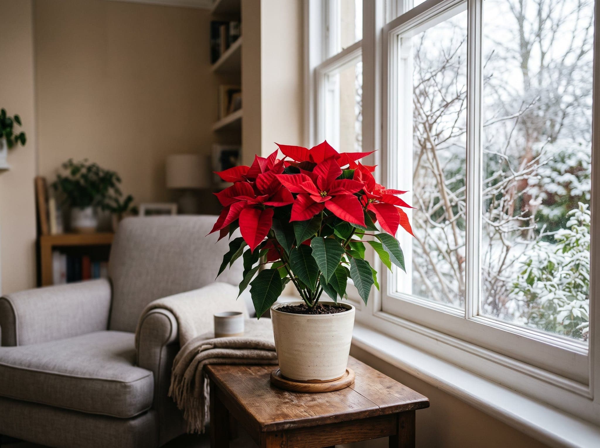 A red poinsettia on a side table a few inches back from a bright sunlit window in a warm living room, away from vents and doors