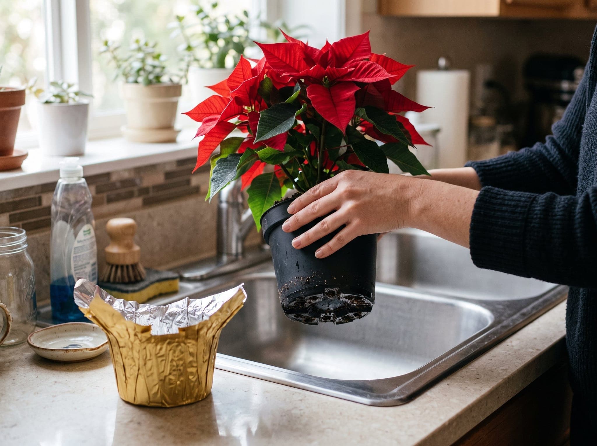 Hands lifting a poinsettia out of its gold foil wrapper and setting the plastic nursery pot in a kitchen sink to water it