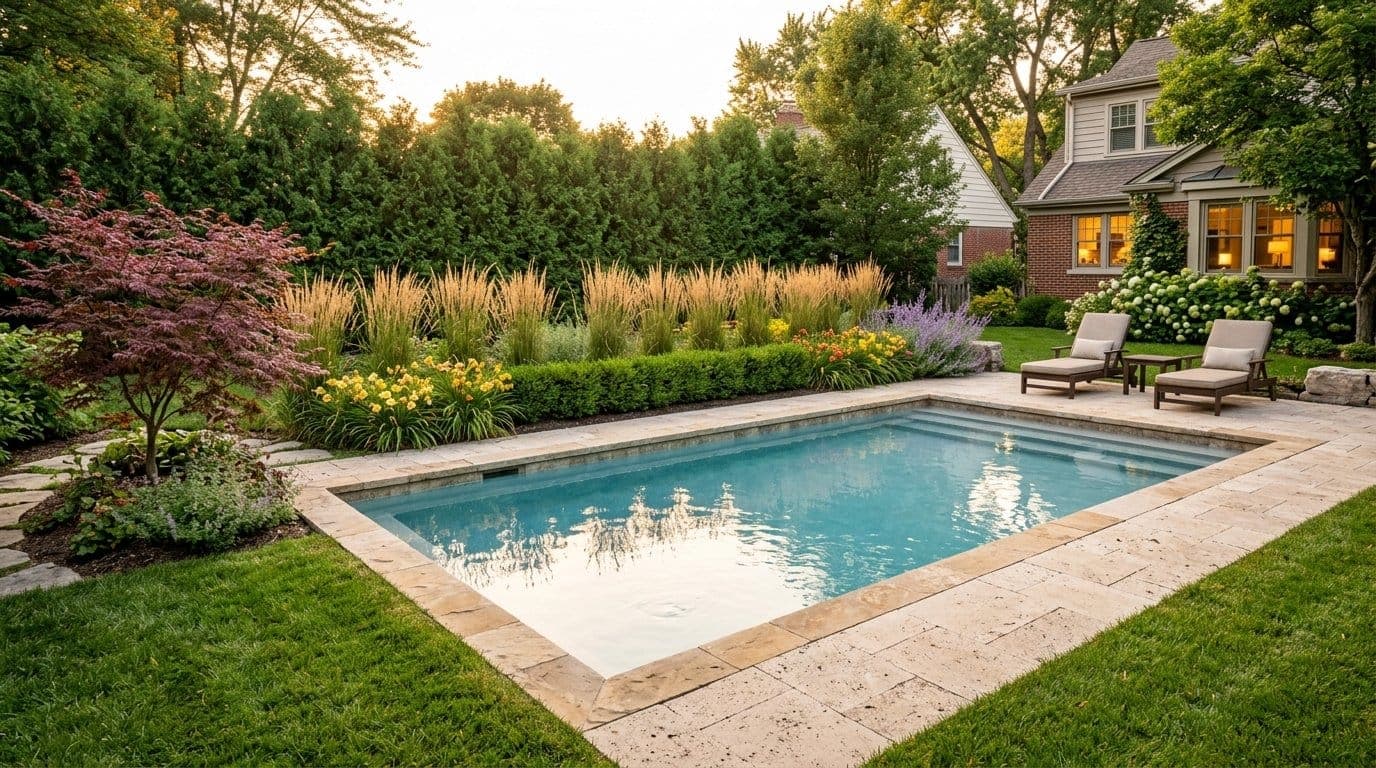 Inground pool surrounded by ornamental grasses, boxwood, and flowering perennials with a paver deck and stone coping in a residential yard at golden hour