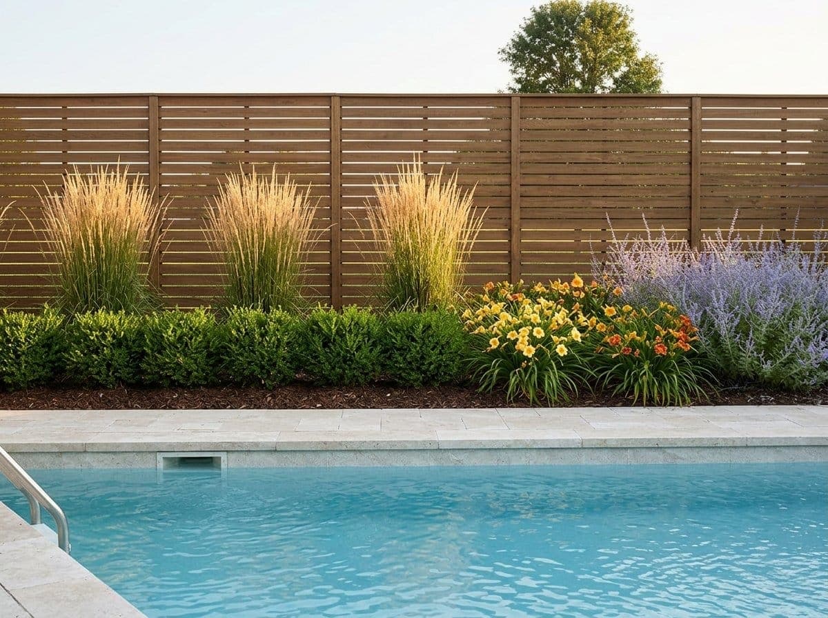 Poolside planting bed with Karl Foerster feather reed grass, boxwood, daylilies, and Russian sage along a paver deck