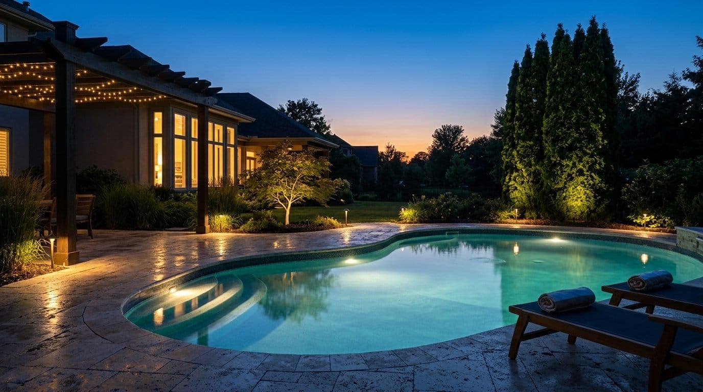 Residential inground pool at dusk with in-pool LED lighting, deck path lights, and uplit ornamental trees