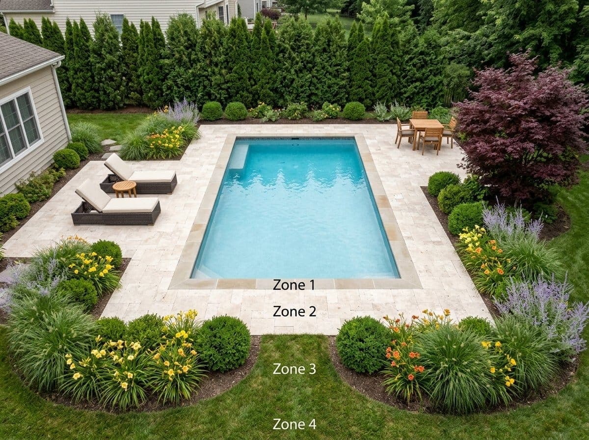 Aerial view of an inground pool showing four landscape zones: coping, deck and patio, planting transition, and outer perimeter privacy screen