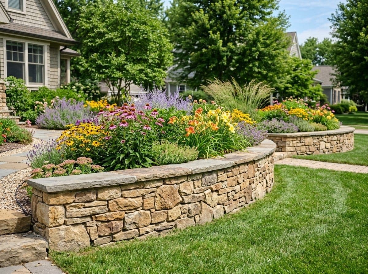Low natural stone retaining wall creating a terraced garden bed with colorful perennial plantings in a residential landscape